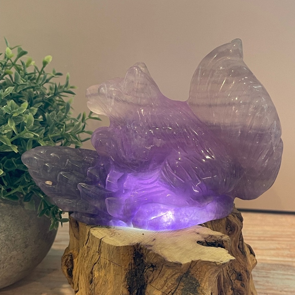 1.32lbs 5.5" Fluorite Purple Crystal Squirrel with Pinecone Carving